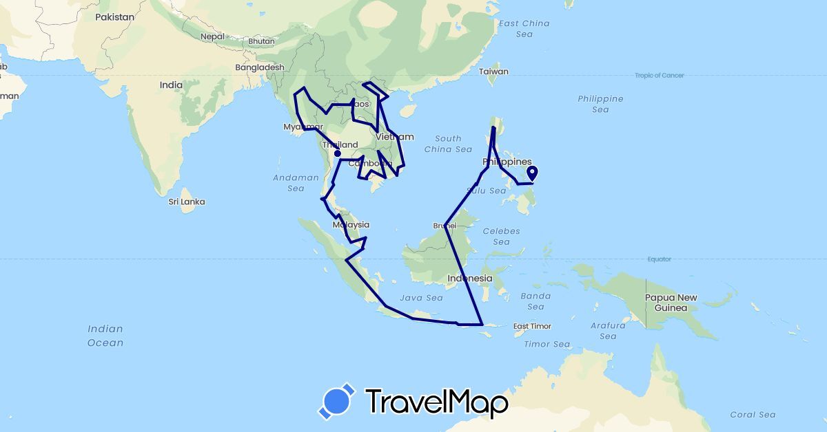 TravelMap itinerary: driving in Brunei, Indonesia, Cambodia, Laos, Myanmar (Burma), Malaysia, Philippines, Singapore, Thailand, Vietnam (Asia)